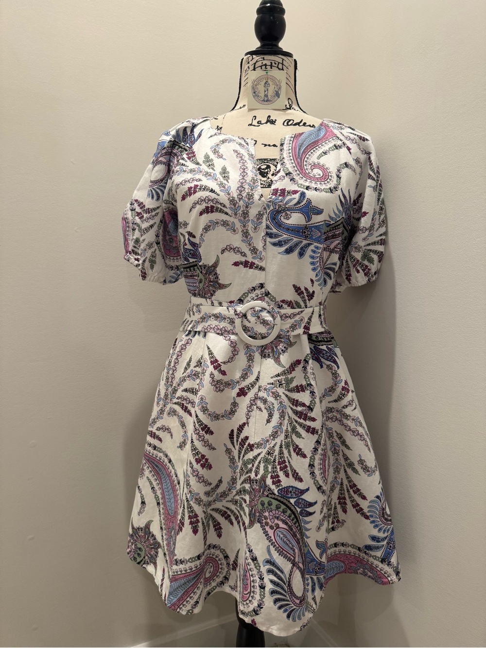 LOFT Women's Paisley Linen Mini Dress Size 2 Petite Belted Puff Sleeve Dress